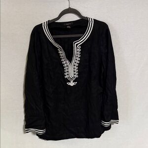 Style & Co. Black Linen Tunic with White Lace Trim Embroidery Size 16 Breathable